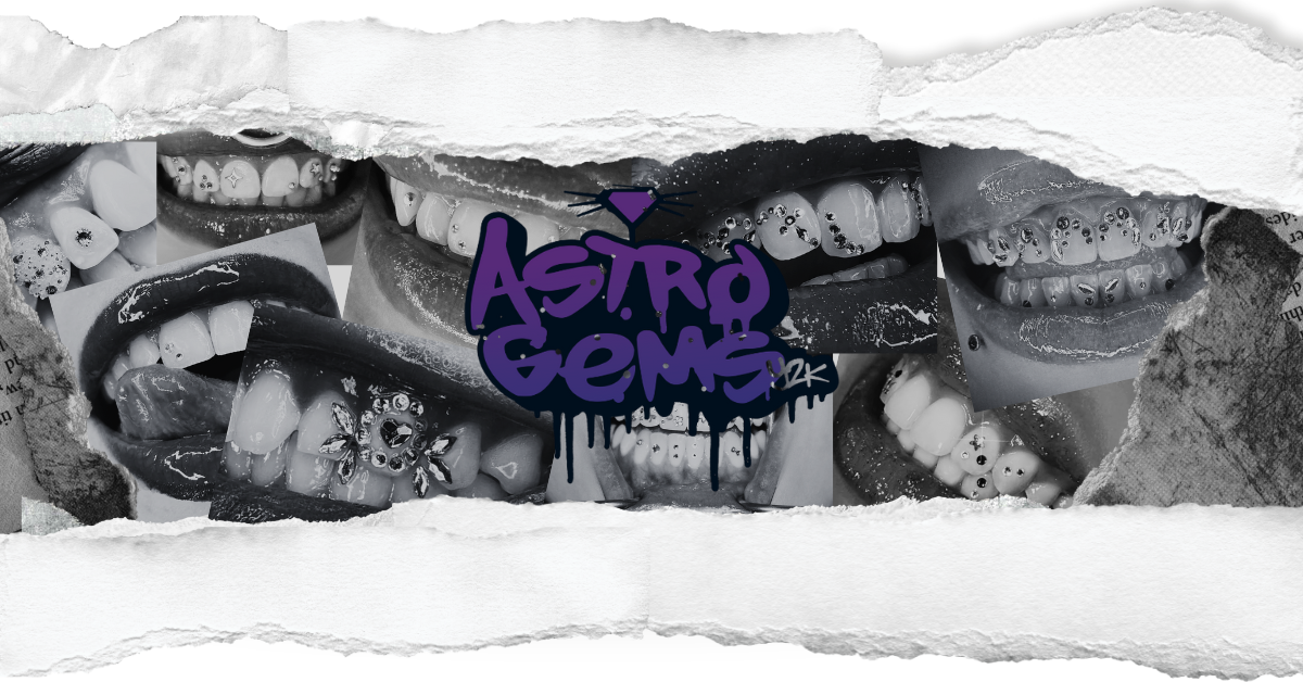 Collage en blanco y negro de sonrisas con gemas dentales y logo de Astro Gems y2k, estudio de tooth gems en CDMX.